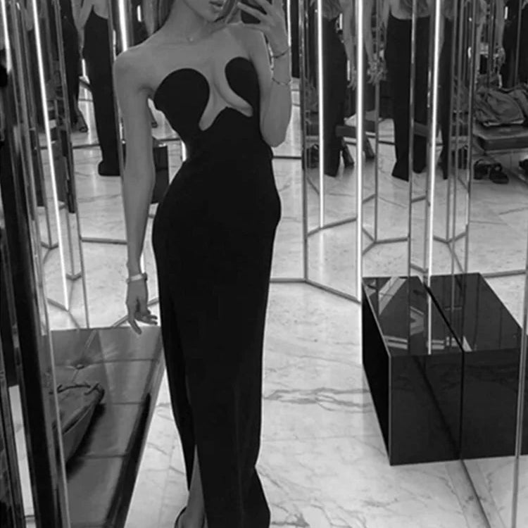 Vestido longo preto longo com alças e fenda, sexy, sem alças, justo, bandagem, elegante, para festa à noite, clube, inverno 2022