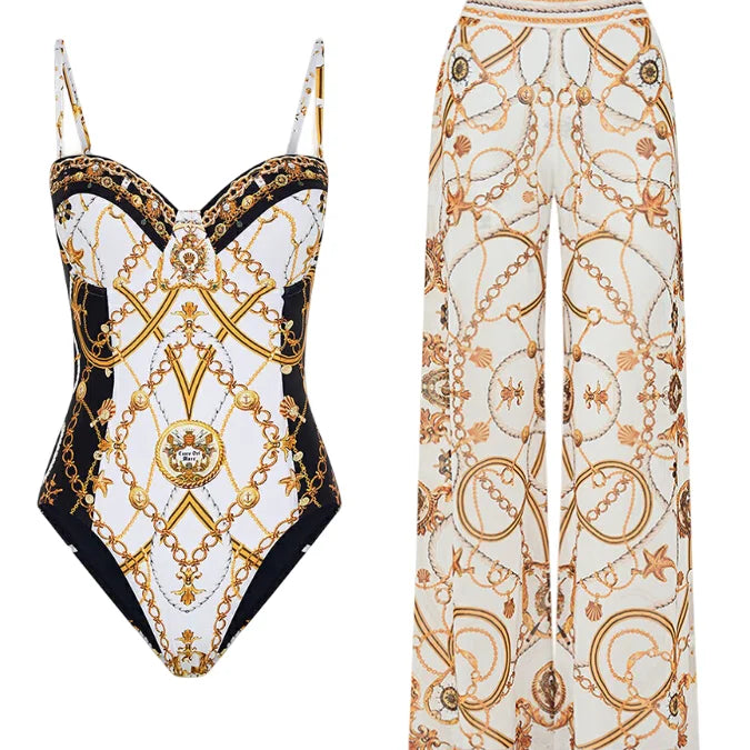 Courtl Vintage Gold Print One-piece Bikini Swimwear Costume Sexy Fashion Slim Fit Swimsuit With Long Trousers Beach Holiday 2024