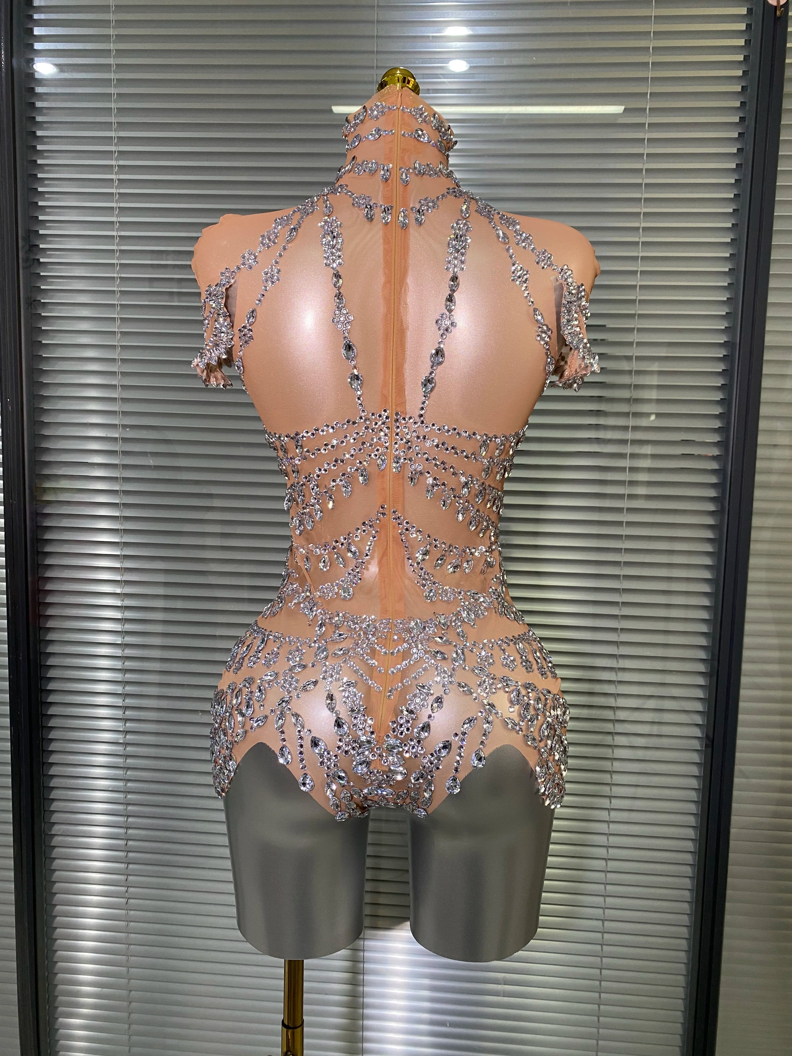 Celebrity New Women Sexy Skin See Through Sheer Diamonds Stretchy Night Club Singer Dancer Stage Costume Party Bodysuit