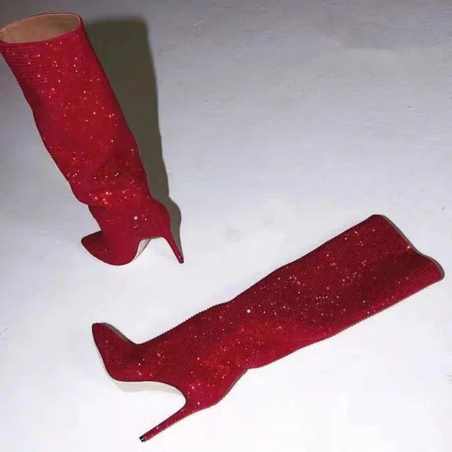 Rhinestone Women's High Boots Pointed Toe Slip-on Long Boots Women Boots High Heels Sexy Stiletto Ladies Party Shoes