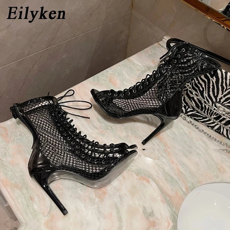 Fashion Design Mesh High Heel Women Boots Sandals Sexy Peep Toe T-tied Stripper Pole Dancing Stiletto Shoes