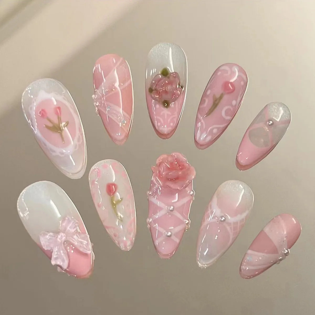 24Pcs Almond False Nails with Broken Diamond Fashion Green Flower Design Nail Art Tips Wearable Full Cover Press on Fake Nails
