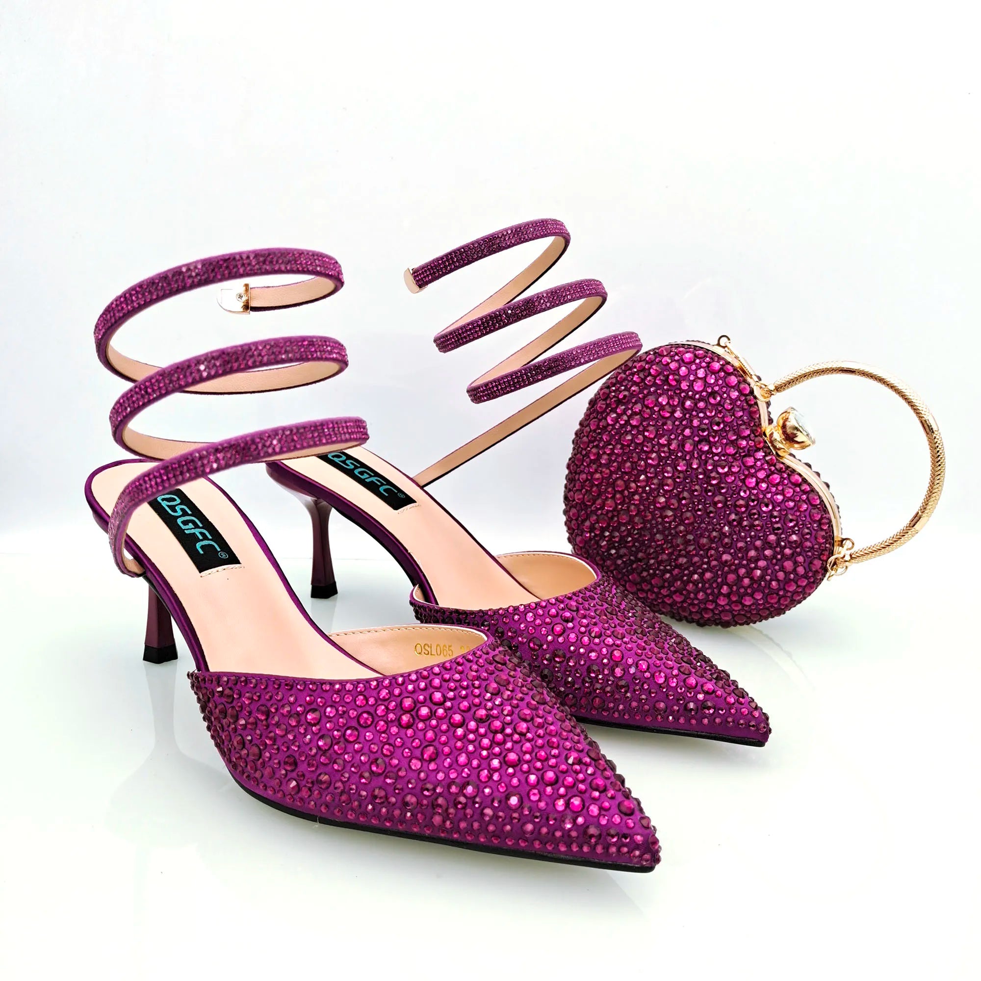 Gold Color Shine Luxury Design Heart Shaped Packet And Mid-heel Rhinestone Snake Wrap Strap Pointed Toe Shoes And Bag MAGENTA FOR SET