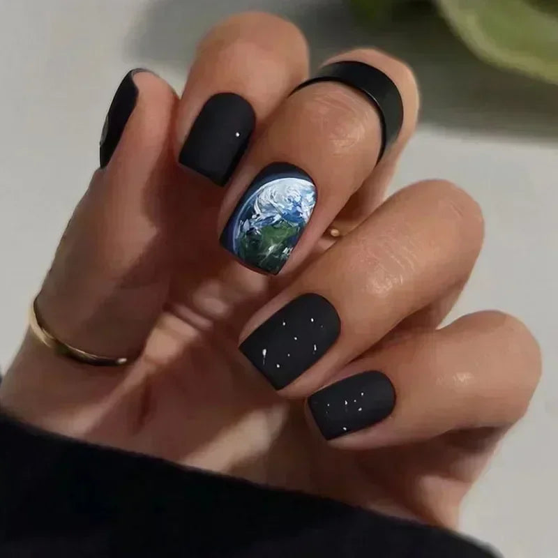 24Pcs Fashion Fake Nails Press on Short Square Head False Nail Art Black Starlit Sky Design Artifical Full Cover Nail Tips