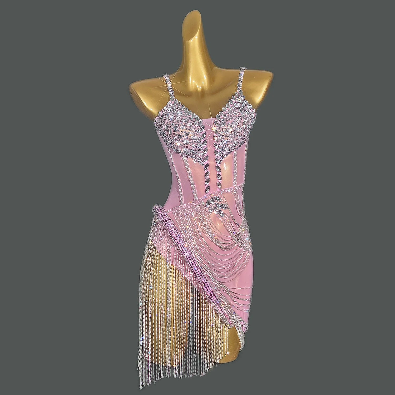 Women Shiny Gold Crystal Chain Diamonds Dress Elastic Sexy Mini Night Club Performance Costume Birthday Party Dress Tassel Liehu