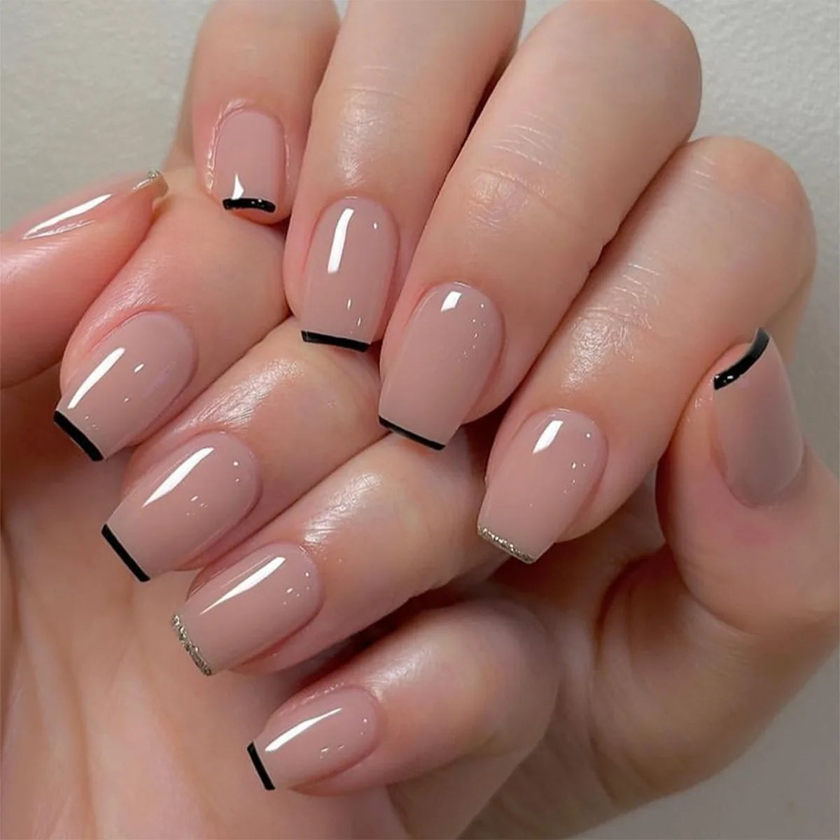 24pcs/set short fake nails for women girls french nude square white tips with rhinestones glitters Y2K  press on false nail art