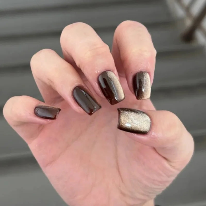 24Pcs Solid Color Pink False Nails Set with Glue Simple Short Square Head Fake Nail Cat's Eye Press on Nails Finished Nail Tips