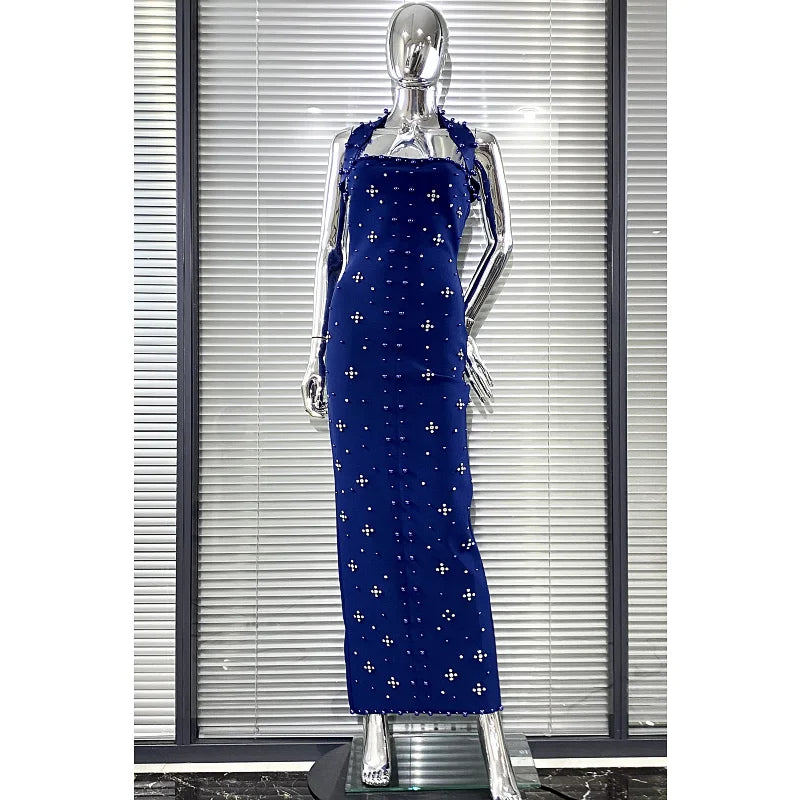 Luxury Shining Diamond Pearl Beading Halter Ankle Length Bandage Dress Elegant Woman Evening Party Vestido Birthday Party Outfit