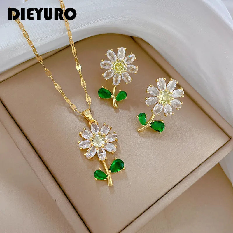 316L Stainless Steel Crystal Flower Pendant Necklace Earrings For Women Girl Fashion New Jewelry Set Lady Gift Party