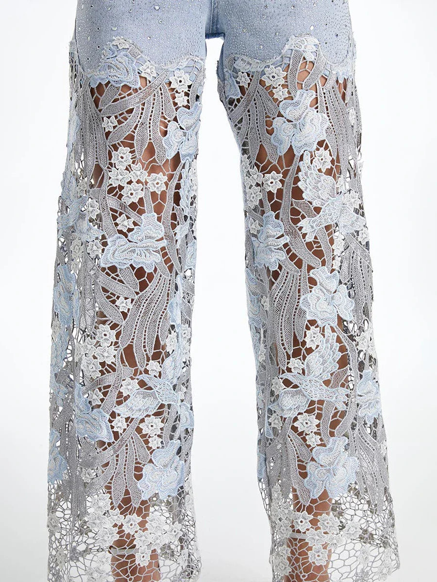 Solid Loose Spliced Hollow Out Fashion Jeans for Women High Waist Patchwork Applique Wide Leg Pants Female Clothing