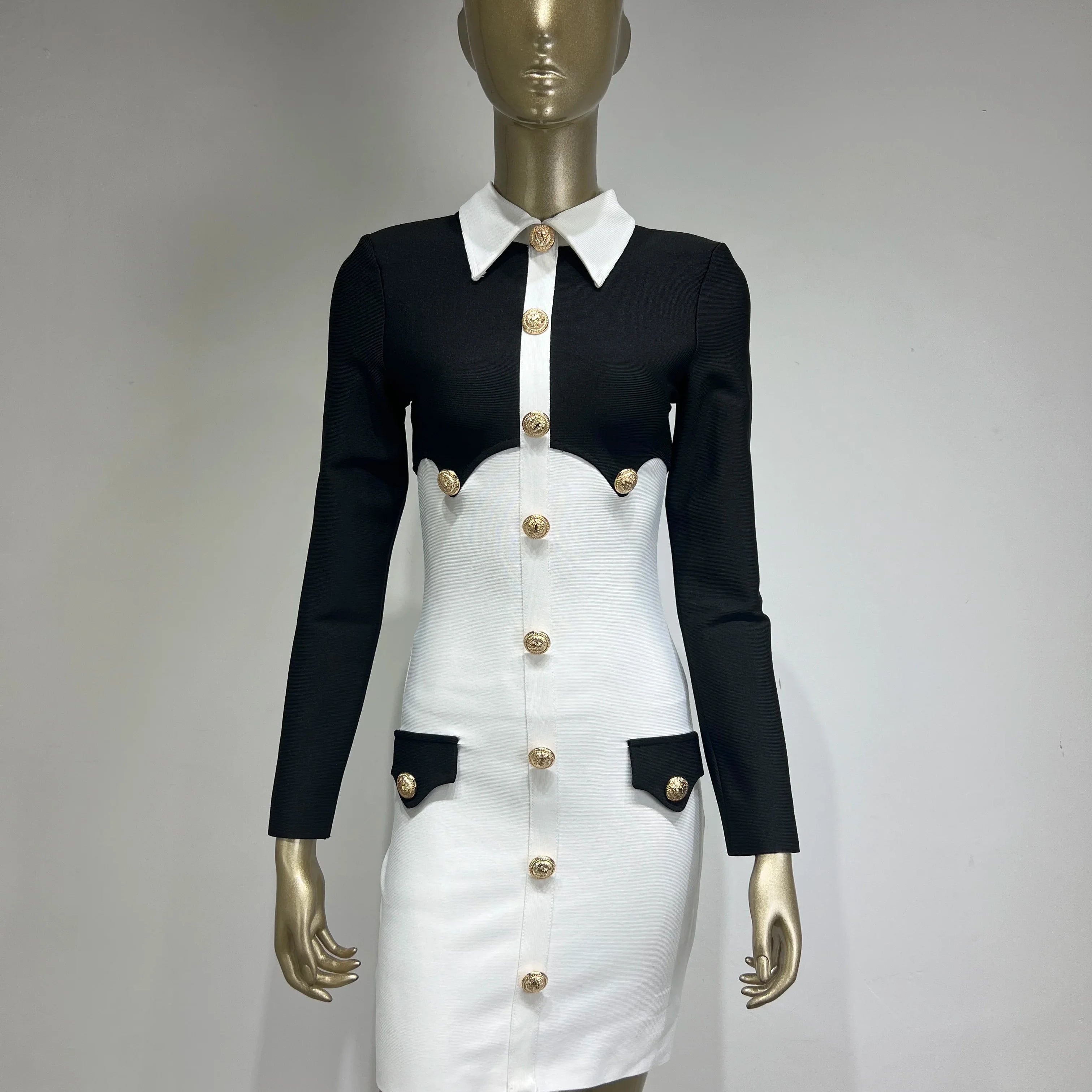 New Spring Women Long Sleeve Sexy Button Bodycon Mini Bandage Dress Elegant Evening Party Celebrate Dress Wholesale