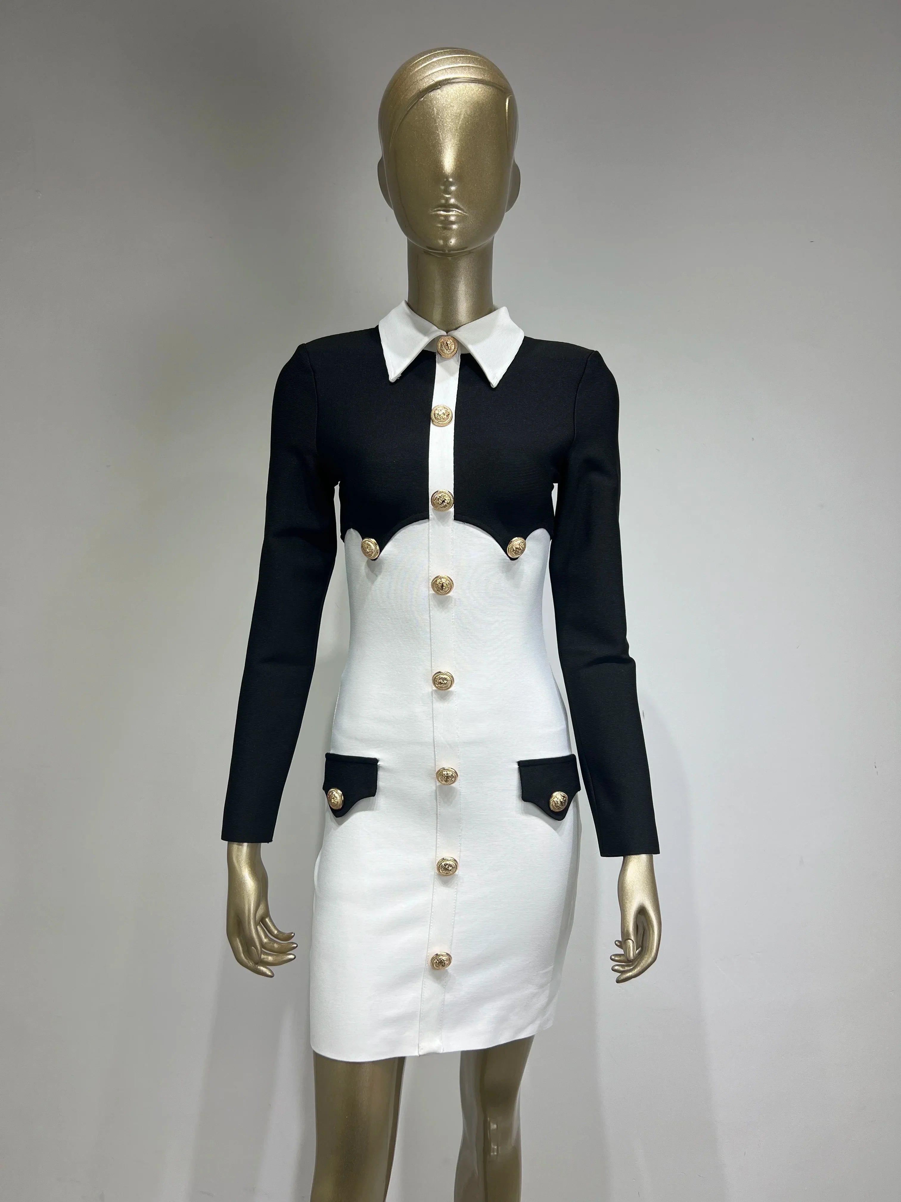 New Spring Women Long Sleeve Sexy Button Bodycon Mini Bandage Dress Elegant Evening Party Celebrate Dress Wholesale