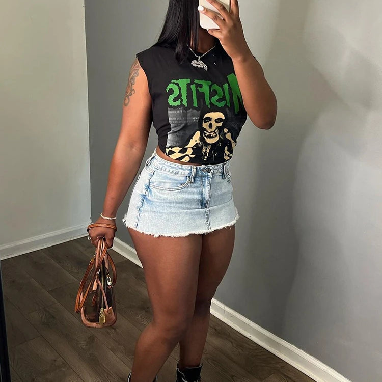 Weird Puss Halloween Style Women Crop Tops Skull Letter Print O Neck Sleeveless Causal Basic Vest Festival Party Y2K Streetwear