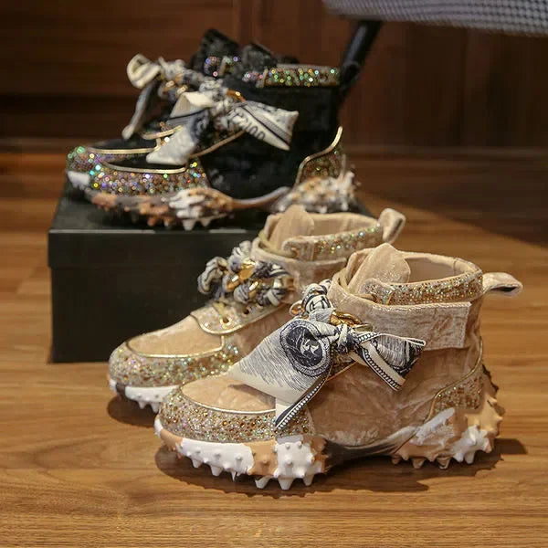 Hot Leather Casual Shoes Rhinestones High Top Sneakers Women Vulcanized Lace Up New Internet Celebrity All-Match Flat Thick Sole