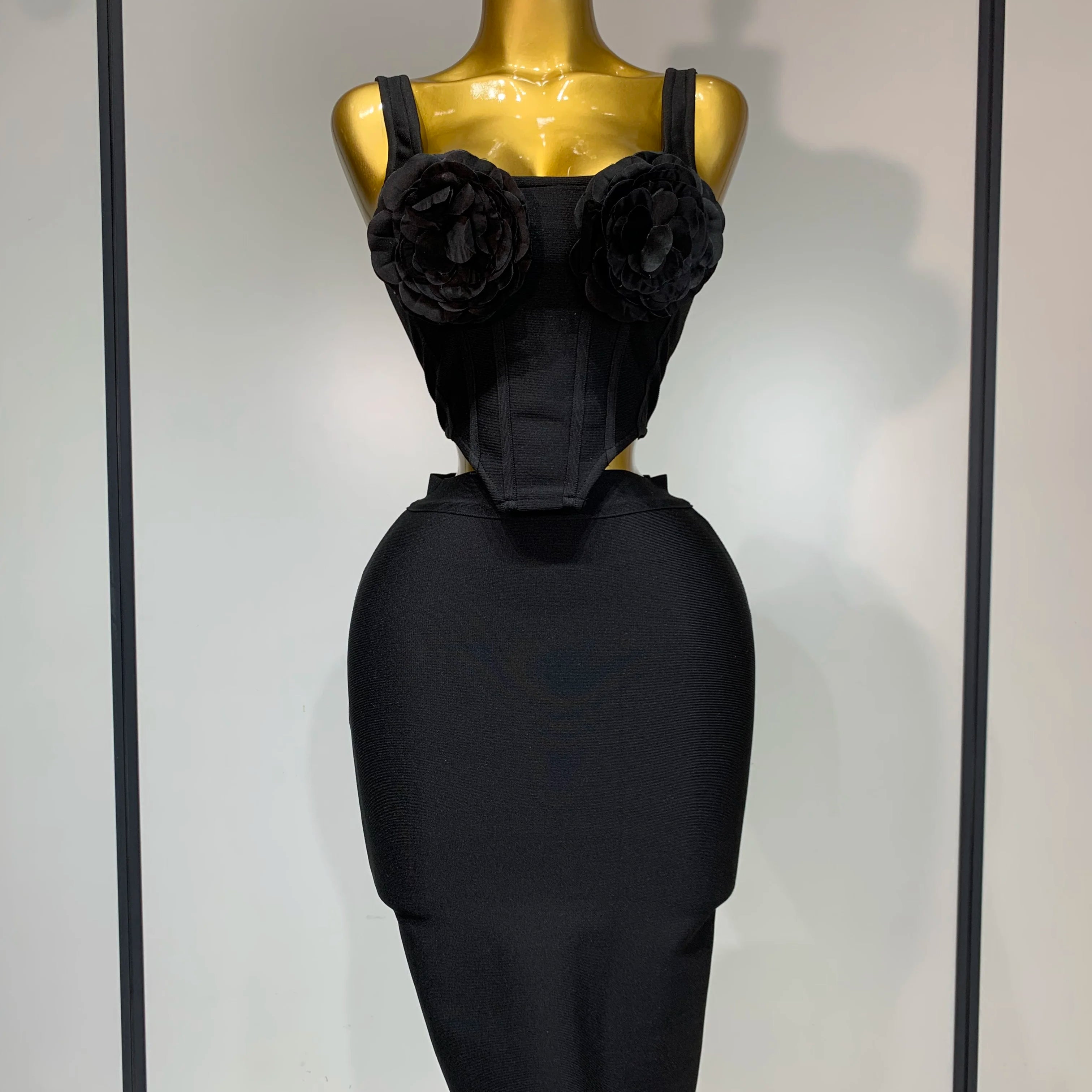 High Quality Women Sexy Square Collar Backless Flower Bandage Two Piece Set 2025 Knitted Elegant Evening Club Party Clothing