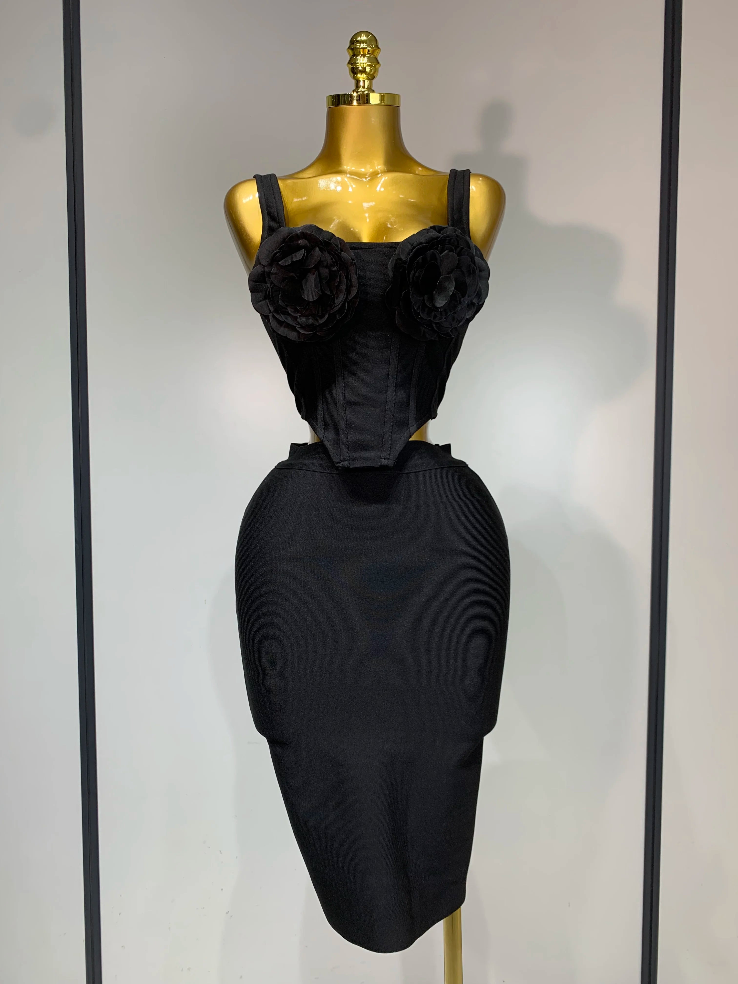 High Quality Women Sexy Square Collar Backless Flower Bandage Two Piece Set 2025 Knitted Elegant Evening Club Party Clothing