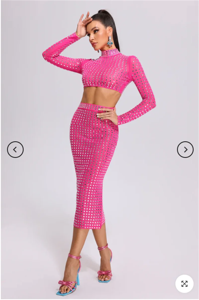 STOCK Sparkling square Diamonds Sexy Mesh See Through Top And Skirt Woman Fashion Set High Street Wear Evening Party Outfit