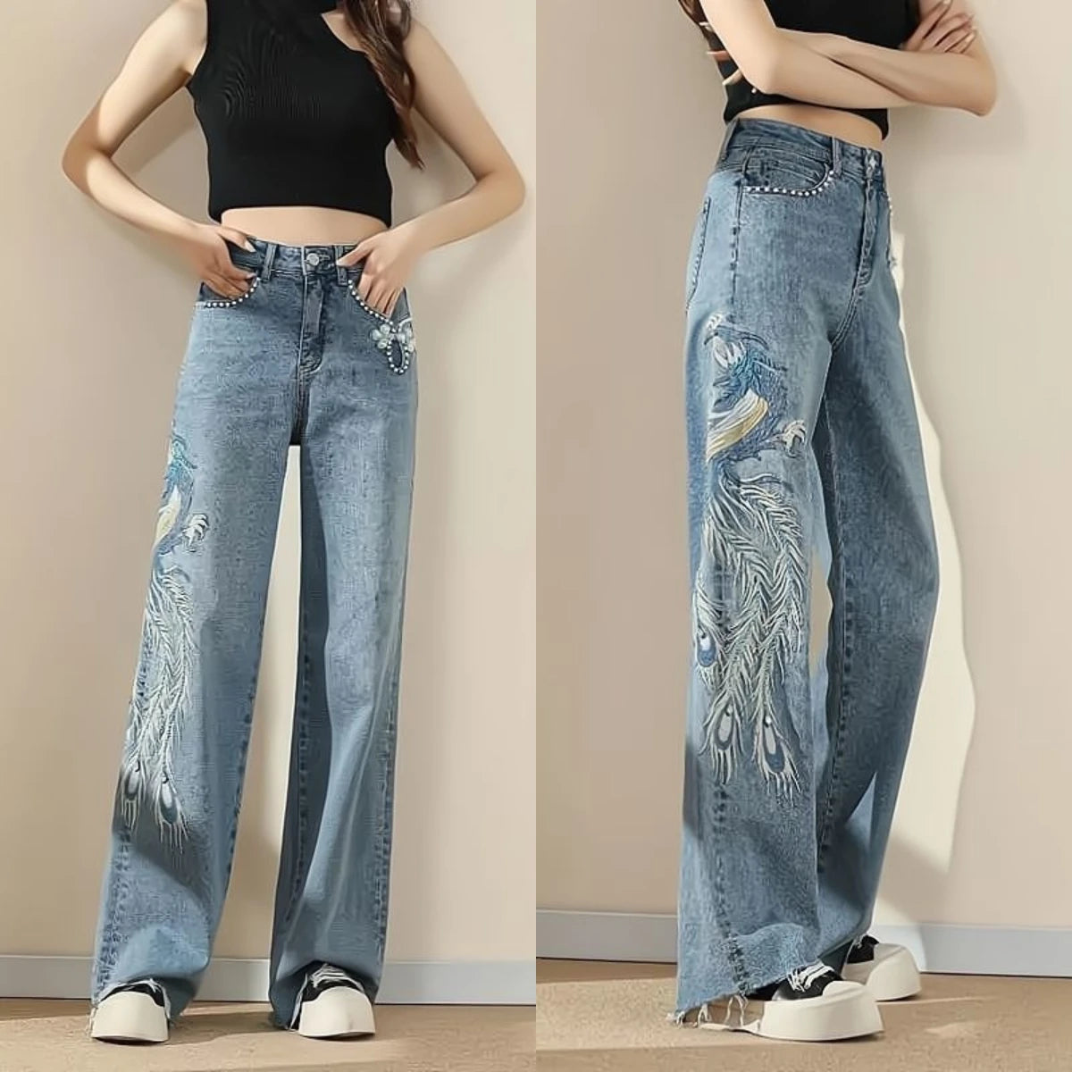 Summer Hollow Lace Jeans Women Panel Diamond Butterfly Feet Slim Fit Embroidered Long Pants Loose Hip Wrap Vintage Stretch 2024 SKY BLUE