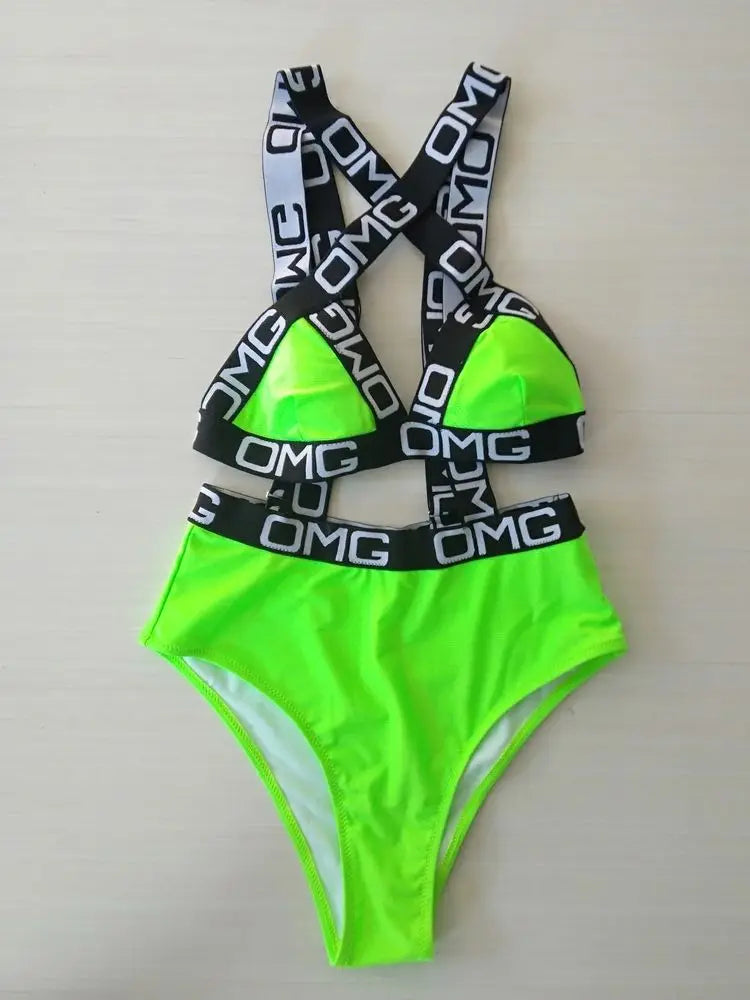 Neon Women Swimsuit Push Up Bikini Swimwear High Waist Bathing Suit OMG Letter Print One Piece Monokini Beachwear Swimsuit