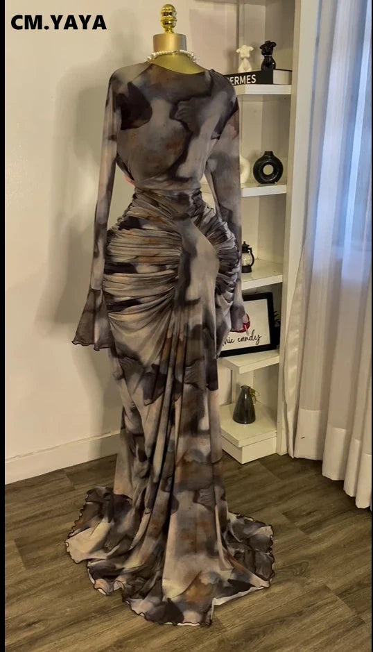 CM.YAYA Women Tie Dye Printed Skew Neck Flare Long Sleeve Ruched Stacked Maxi Long Dress 2025 Summer Birthday Sexy Party Dresses