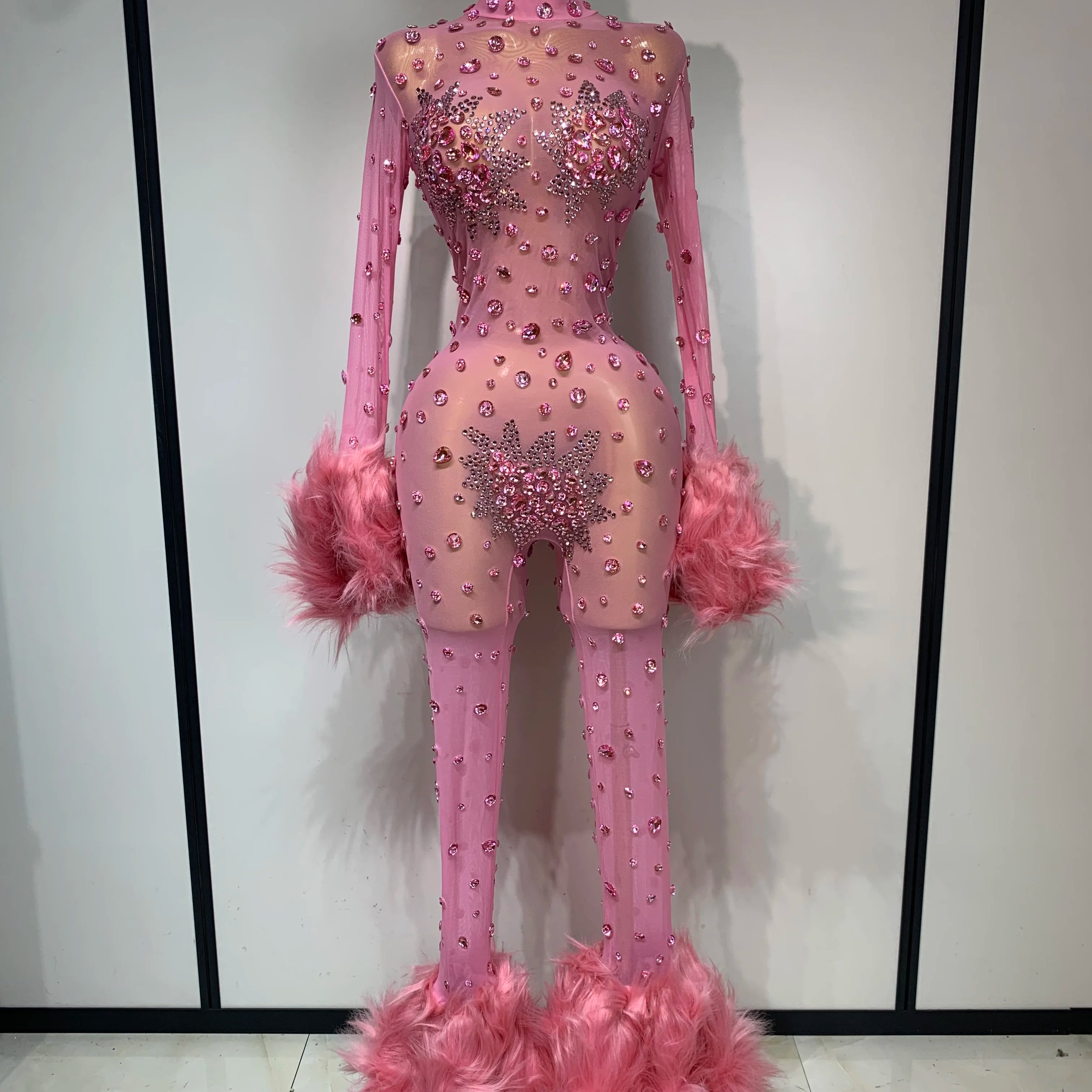 Shiny Diamond Mesh See Through Bodycon Jumpsuit Women Sexy Long Sleeve Performance Singer Costume Nightclub Stage Outfit