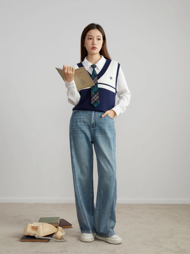 Casual Style High Waist Cotton Straight Jeans for Women Autumn All-match Denim Pants Female