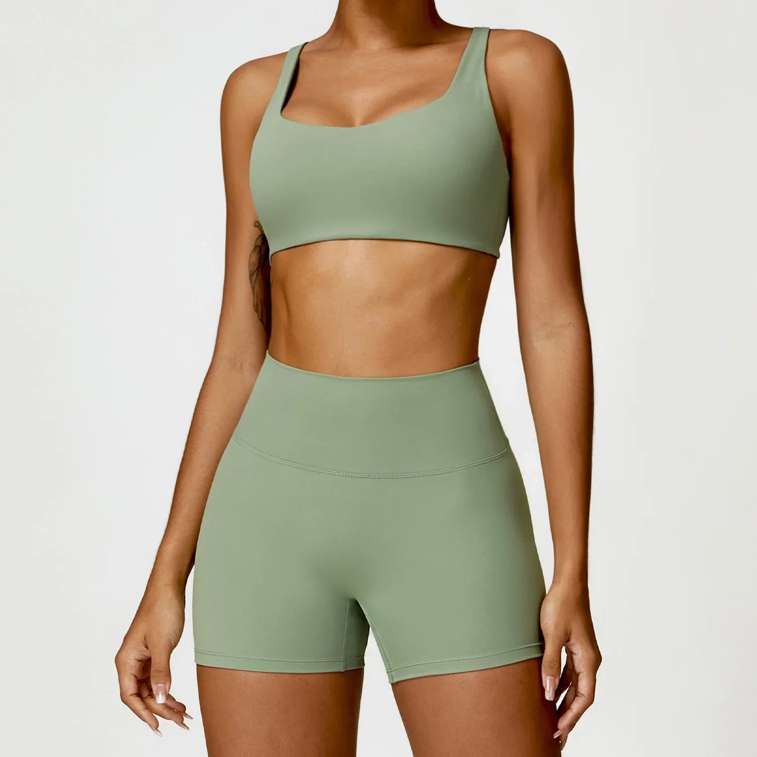 Women Tracksuit Yoga Set 2PCS Sportswear Workout Clothes Athletic Wear Gym Legging Fitness Bra Crop Top Long Sleeve Sports Suits Green Set-1 CHINA