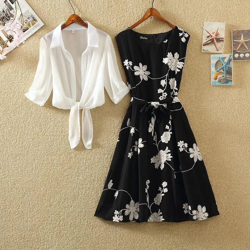 Elegant Suit Two-piece Dress High Waist Sleeveless Slim A-line Skirt Floral Embroidery White Top Bow Belt Vintage WOMEN