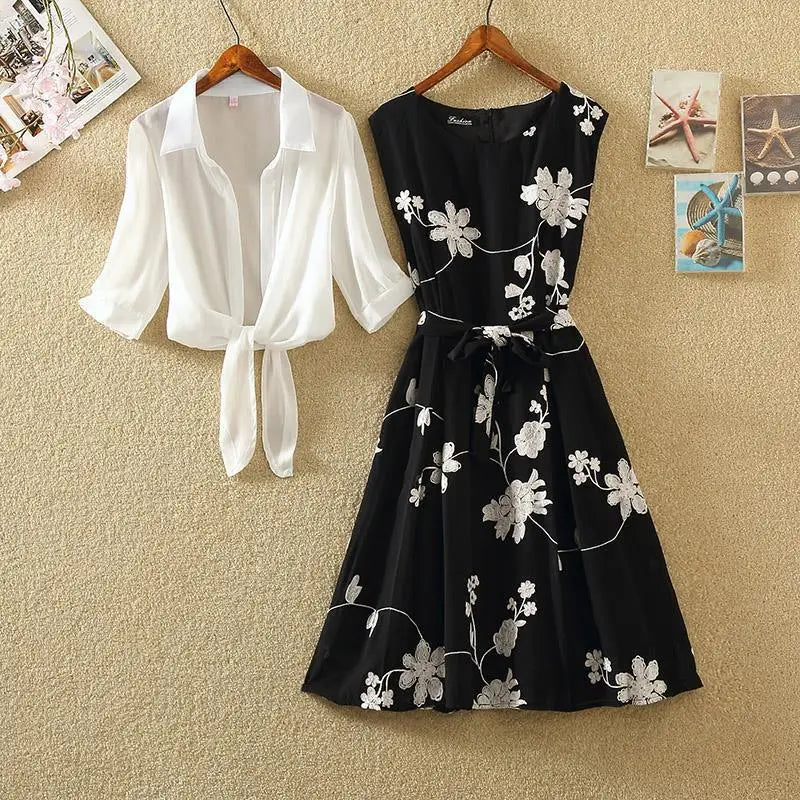 Elegant Suit Two-piece Dress High Waist Sleeveless Slim A-line Skirt Floral Embroidery White Top Bow Belt Vintage WOMEN