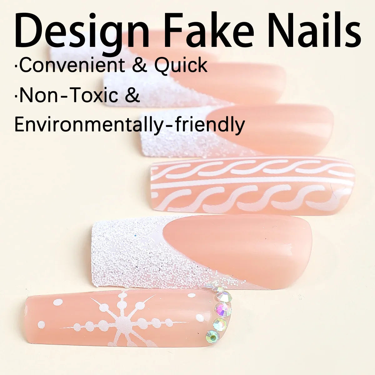 Long Stiletto Black French Fake Nails for Women Christmas Party Nude Color Press On Nails Black/White Snowflake Printed Nail Art