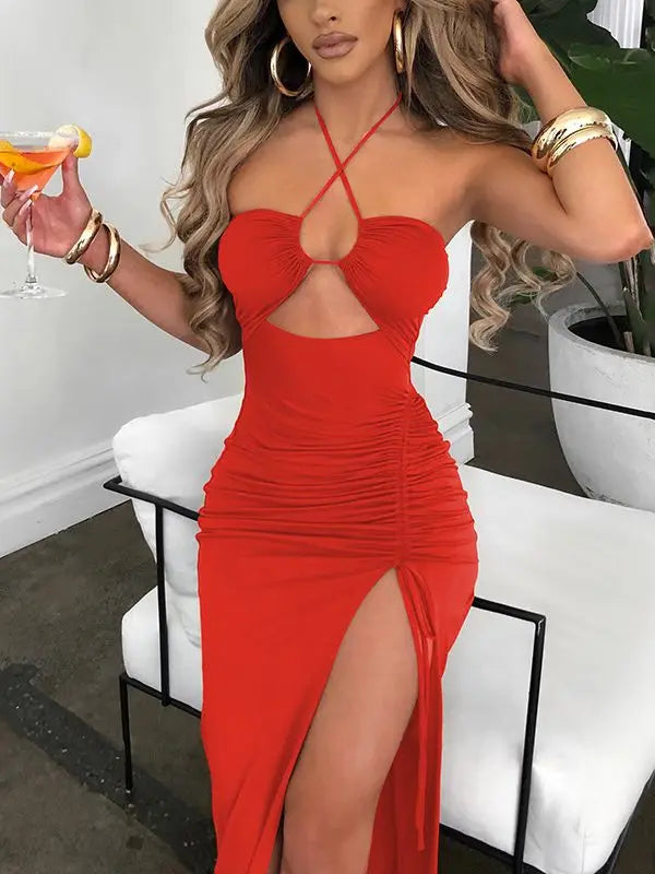 Summer Sexy Halter Backless Sleeveless Cut Out Maxi Dress for Women Ruched Elegant Club Party Slit Dresses Bandage Vestido 2023 orange