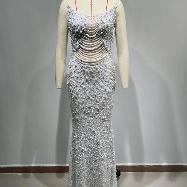 Vestido feminino luxuoso, sexy, sem alças, costas nuas, pérolas, lantejoulas, maxi longo, bege, elegante, para festa à noite, clube