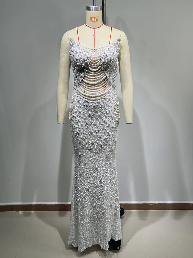Vestido feminino luxuoso, sexy, sem alças, costas nuas, pérolas, lantejoulas, maxi longo, bege, elegante, para festa à noite, clube