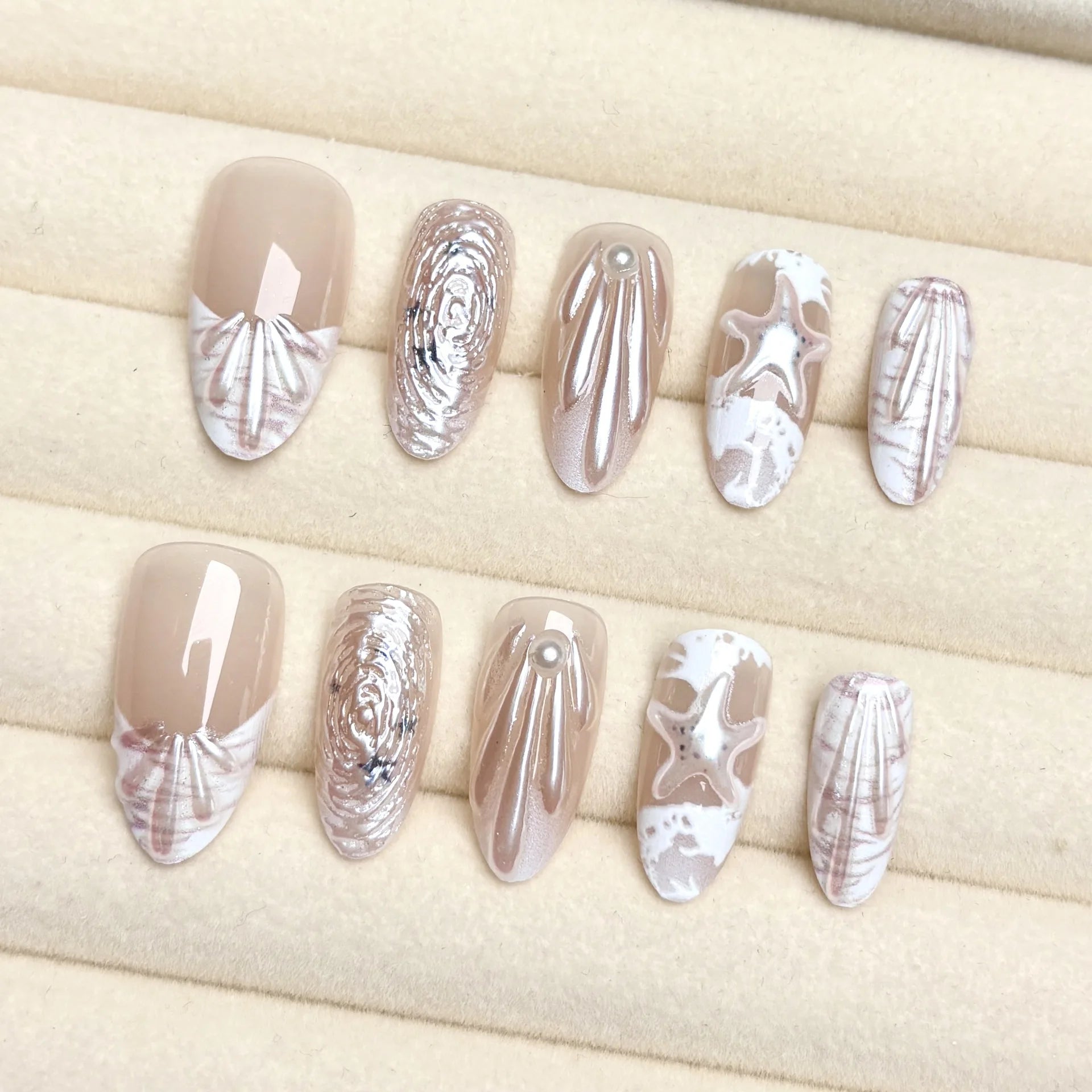 24pcs White Ocean Shell 3D Summer Press on Nails Starfish Fake Nails Full Cover Wearable False Nails