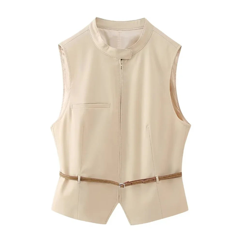 Spring/Summer Women's Fashion New Style with Belt Decoration Top&Trouser Skirt Set Light Yellow