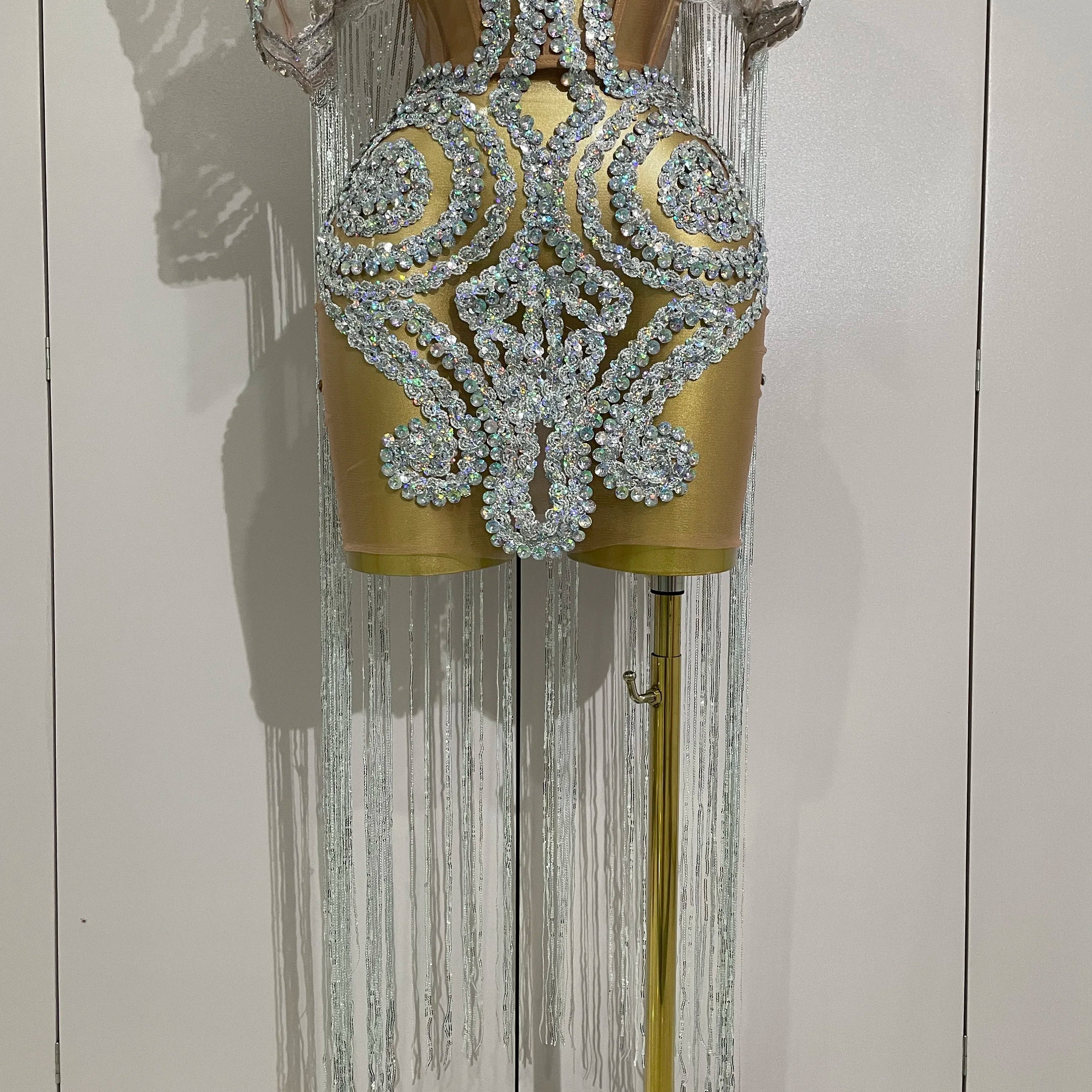 Stock Sparkly Rhinestones Sequins Sexy Mesh Tassels Cape Short Dress 2025 Women Evening Birthday Party Nightclub Stage Costume