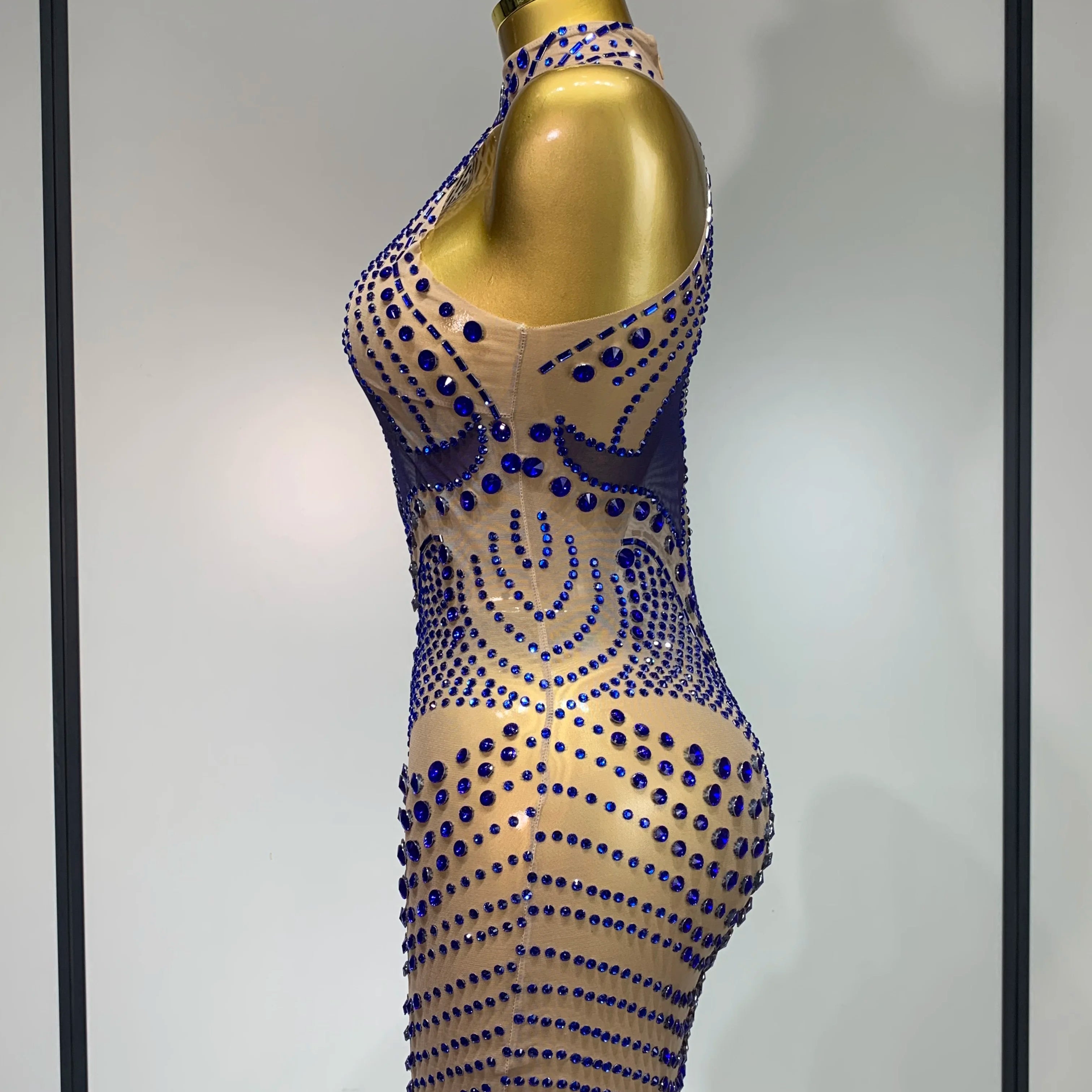 Luxury Birthday Dress Women Rhinestones Sexy Transparent Mesh Mini Dress Evening Party Nightclub Stage Performance Costume