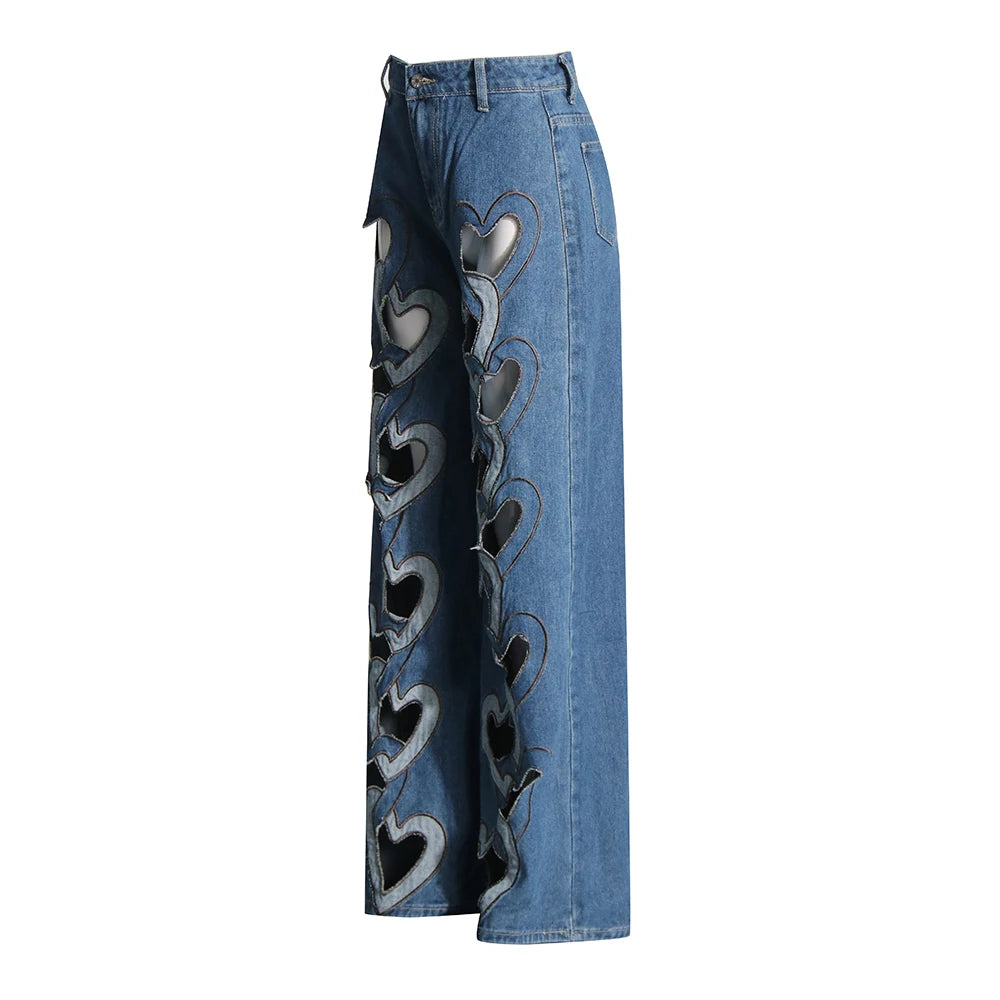 TWOTWINSTYLE Streetwear Patchwork Button Denim Pants For Women High Waist Loose Hollow Out Designer Jeans Female Fashion Style