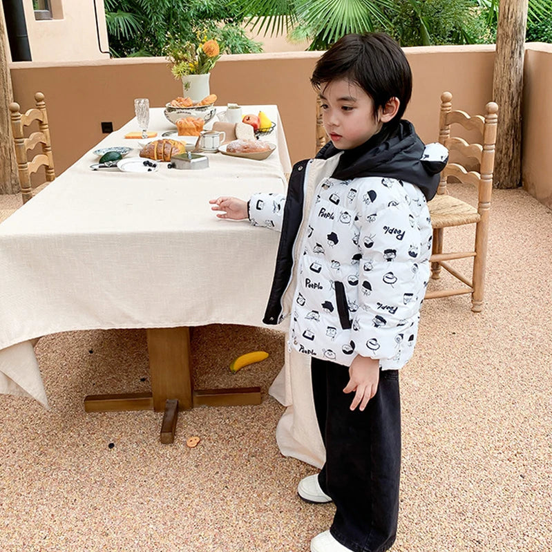 Winter Thickened Warm Hooded Jacket 1-7 Year Old Boys Girls Fashion Versatile Casual Printing Down Coat Children's Wear Photo Color