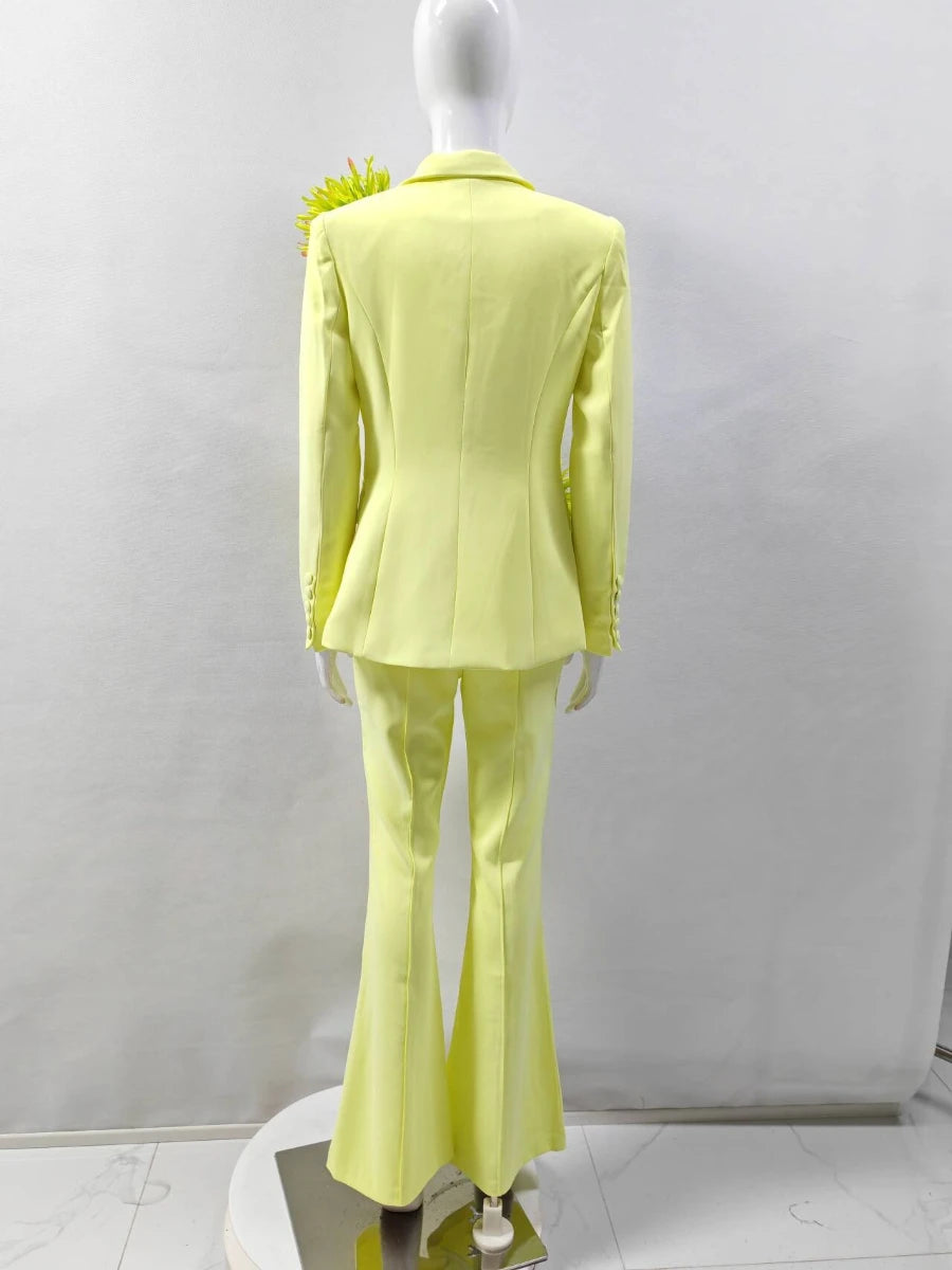 TWOTWINSTYLE Solid Slimming Spliced 3D Flower Two Piece Sets for Women Lapel Long Sleeves Patchwork Button Top Pant Set Female