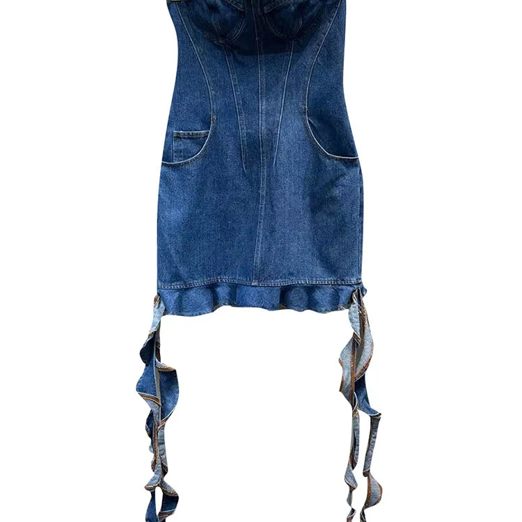 DEAT Line Up Waist Pocket Spiral Decoration Trendy Denim Dresses For Women Strapless Back Zipper Dress Spring 11XX3821