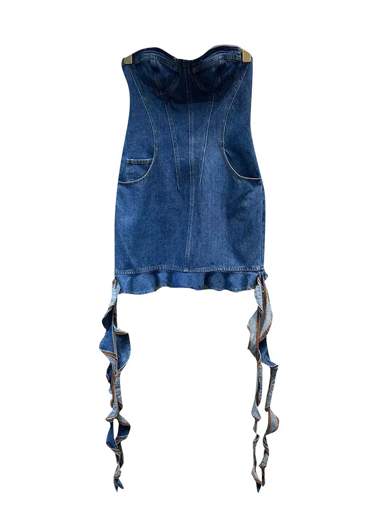 DEAT Line Up Waist Pocket Spiral Decoration Trendy Denim Dresses For Women Strapless Back Zipper Dress Spring 11XX3821
