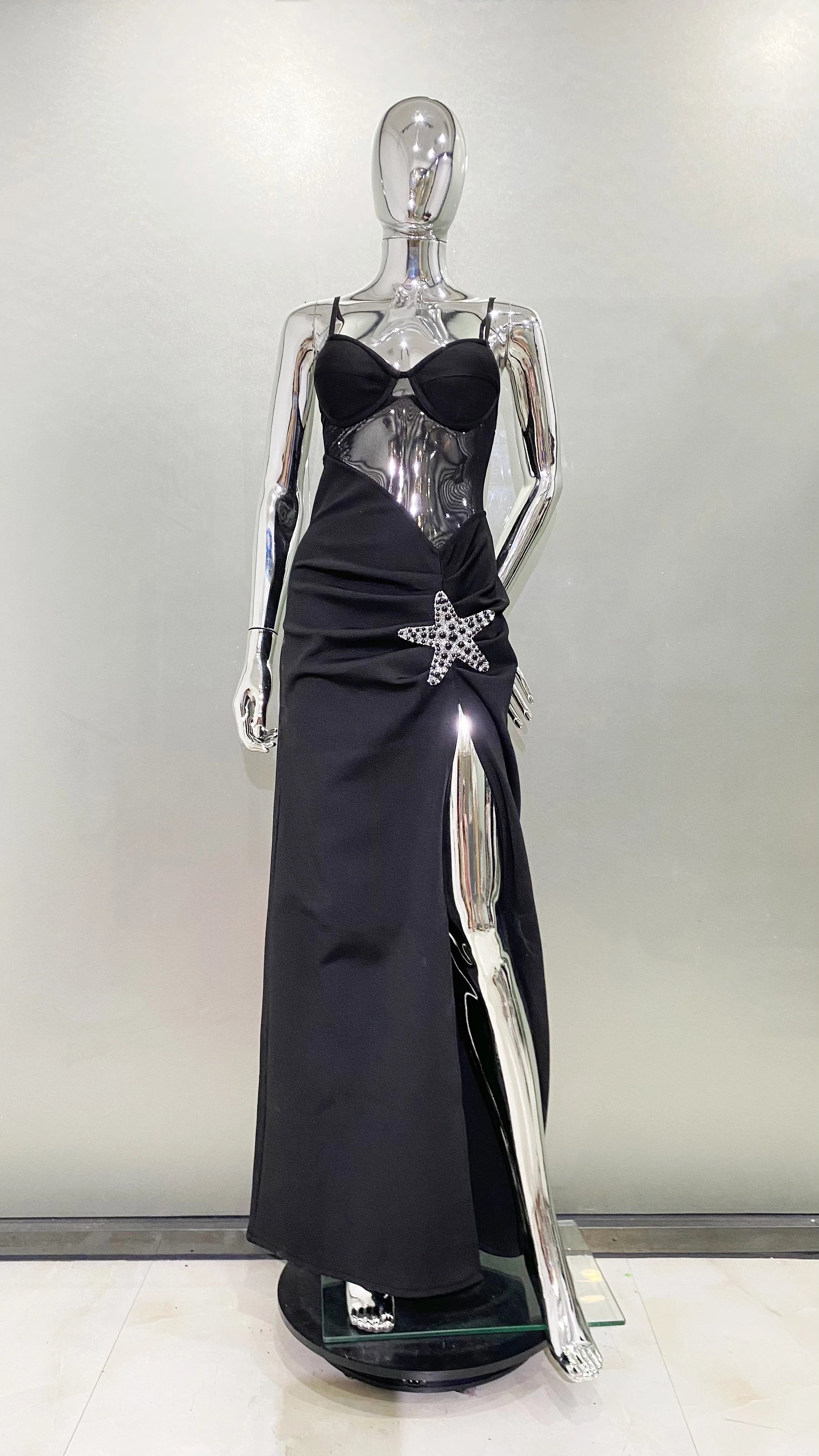 2024 Starfish Sexy See Through Mesh Patchwork Bandage Spaghetti Strap Floor Length Dress  Evening Dress Celebrity Party Outfit