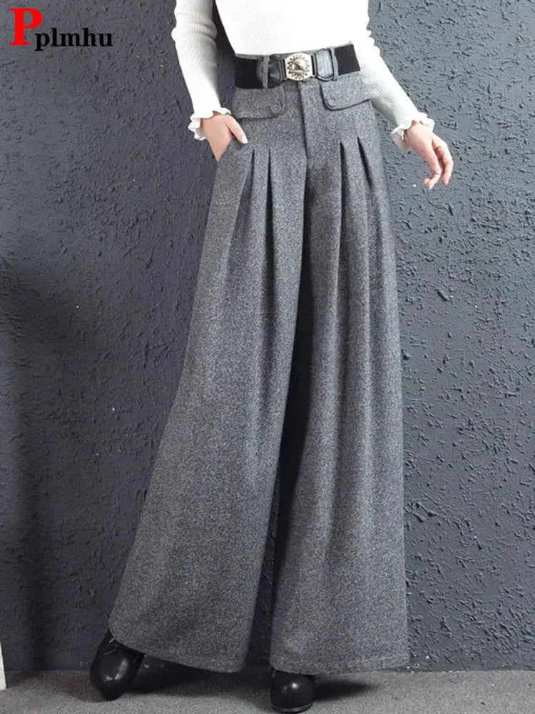 Autumn Winter Woolen Blend Culotte Elegant High Waist Belt Wide Leg Pants Women Baggy Korean Fashion Pantalones Oversize Trouser