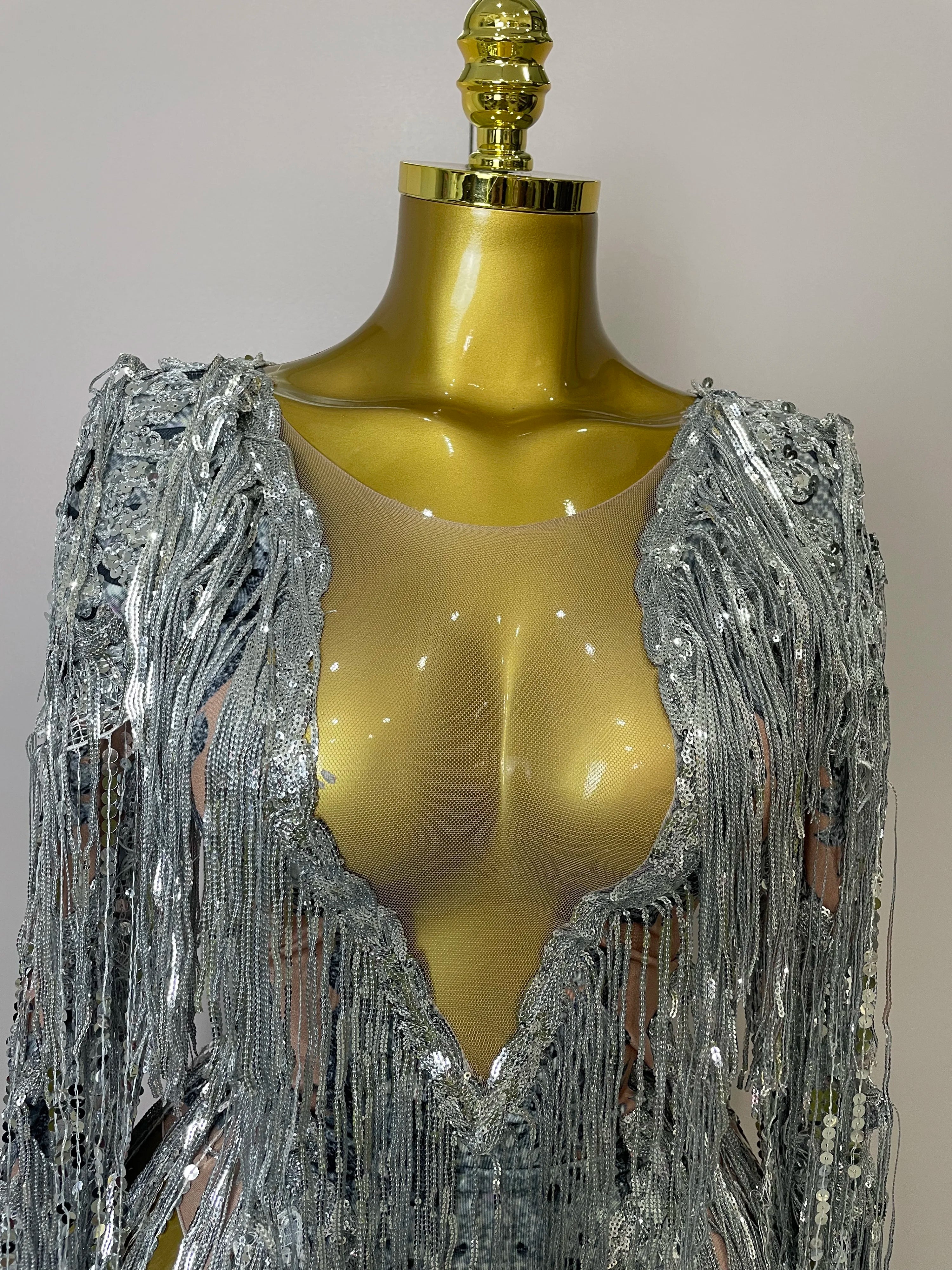 STOCK 2025 Flashing Sequins Tassels Sexy See-Through Sheath Bodysuit Evening Party Nightclub Dancer Stage Perfprmance Costume