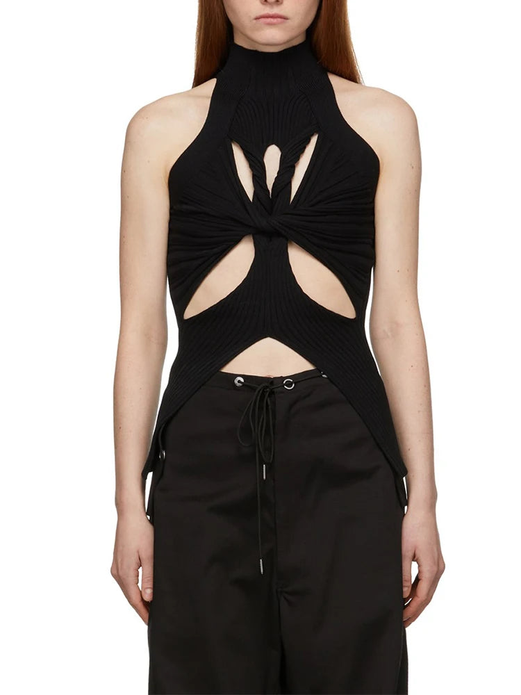 TWOTWINSTYLE Regatas de tricô vazadas e lisas para mulheres, gola alta, sem mangas, ombro de fora, coletes finos, roupas femininas da moda