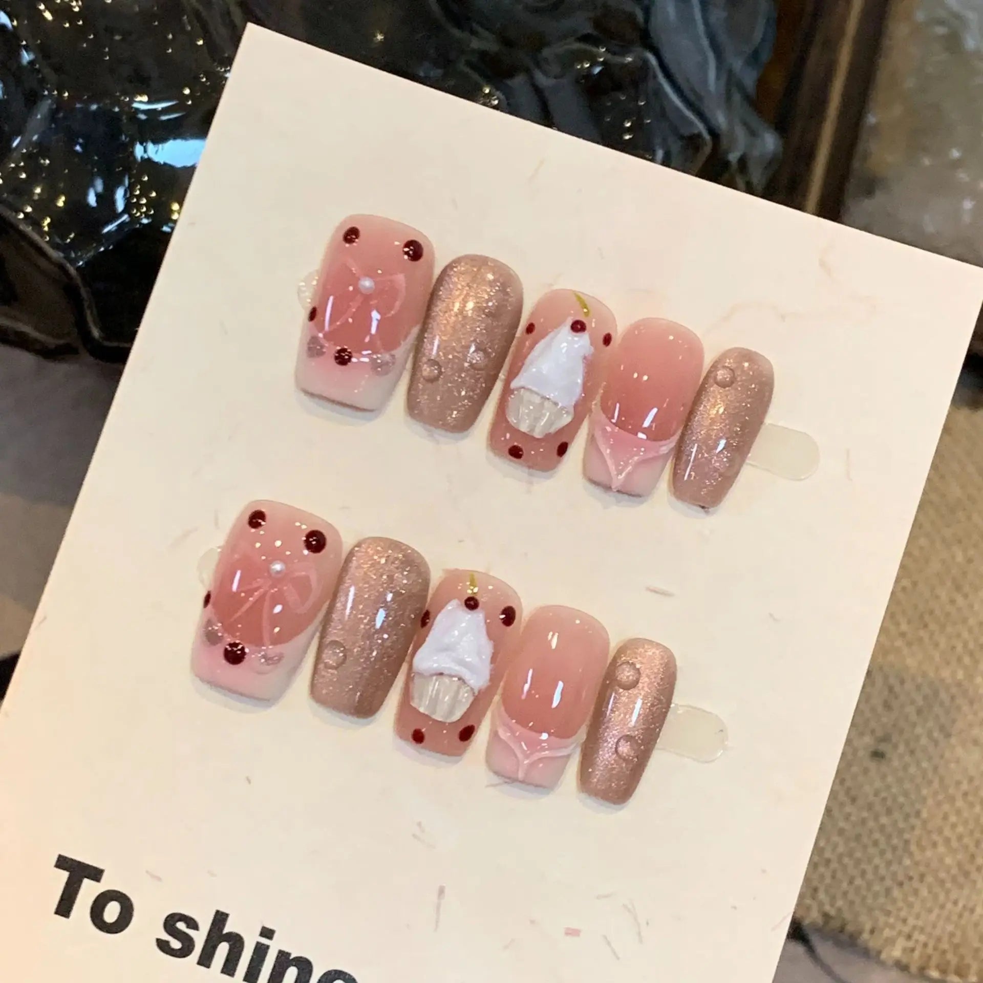 10Pcs Short Sweet Cute Girl Handmade Press on Nails Set Shimmery Cat Eye Gel Nail with Glue Cherry Cake French Acrylic Nail Tips