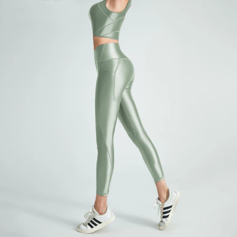 satin glossy Women's bathing suit vest Oil High Waist Pants Smooth Fitness Gloss Yoga Running Sweatwear gym set leggings