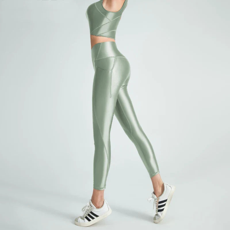 satin glossy Women's bathing suit vest Oil High Waist Pants Smooth Fitness Gloss Yoga Running Sweatwear gym set leggings