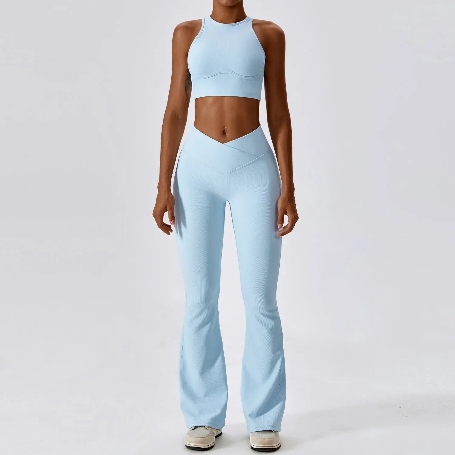 2PCS Seamless Yoga Set Gym Clothes Sportswear Yoga Suits For Women Fitness Rib Tracksuits Sports Bra Gym Leggings Sports Suits Sky Blue Set-3 CHINA